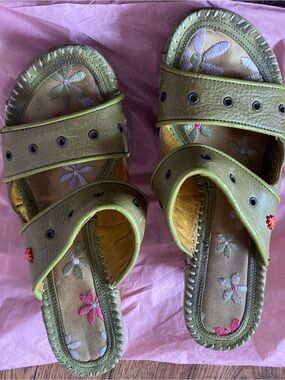 The art company whimsical green floral wedge sandals